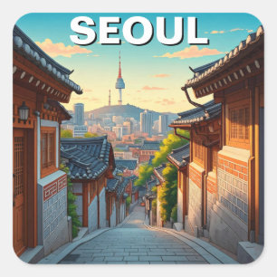 Sticker Carré Coucher de soleil à Seoul Bukchon en Corée du Sud