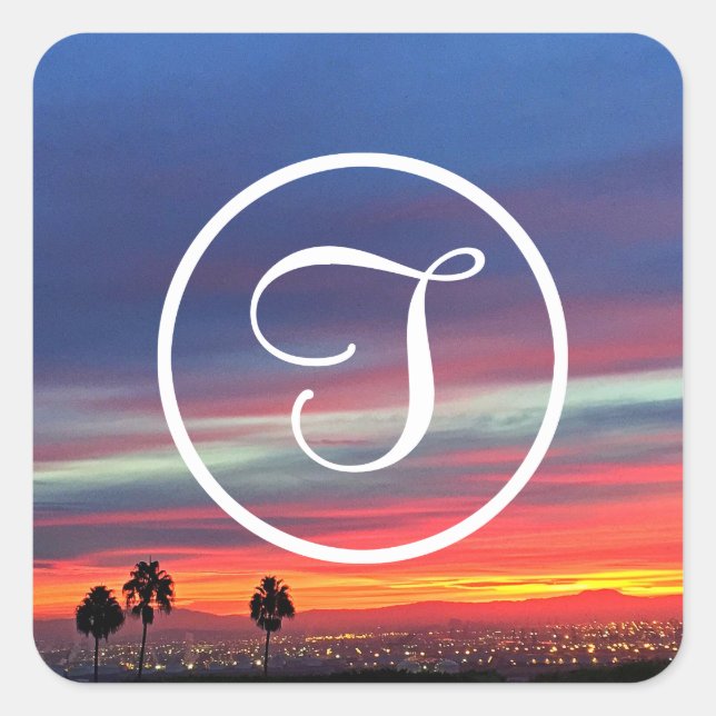 Sticker Carré Coucher de soleil bleu orange photo monogramme per (Devant)