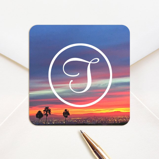 Sticker Carré Coucher de soleil bleu orange photo monogramme per (Créateur téléchargé)