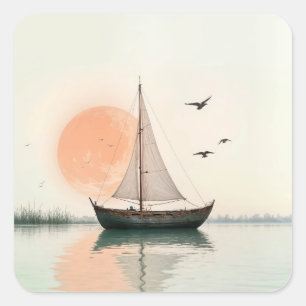 Sticker Carré Coucher De Soleil De Bateau Avec Mouettes