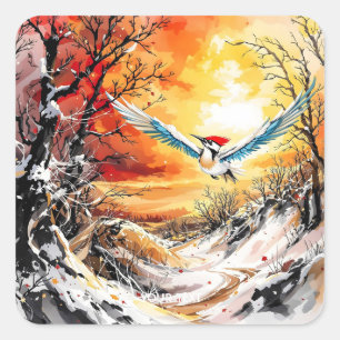 Sticker Carré Coucher de soleil de pic forestier mignon Imaginai