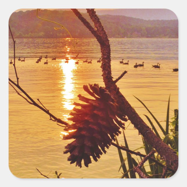 Sticker Carré Coucher de soleil du lac Pinecone (Devant)