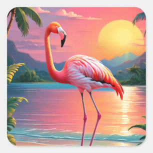 Sticker Carré Coucher de soleil flamant rose sur la plage tropic