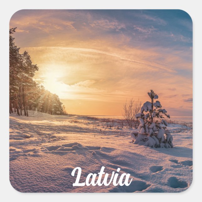 Sticker Carré Coucher de soleil sur la côte de la mer d'hiver (Devant)