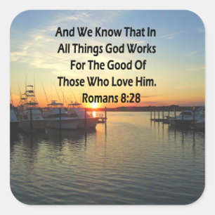STICKER CARRÉ COUCHER DE SOLEIL SUR LE LAC ROMANS 8:28 SCRIPTURE