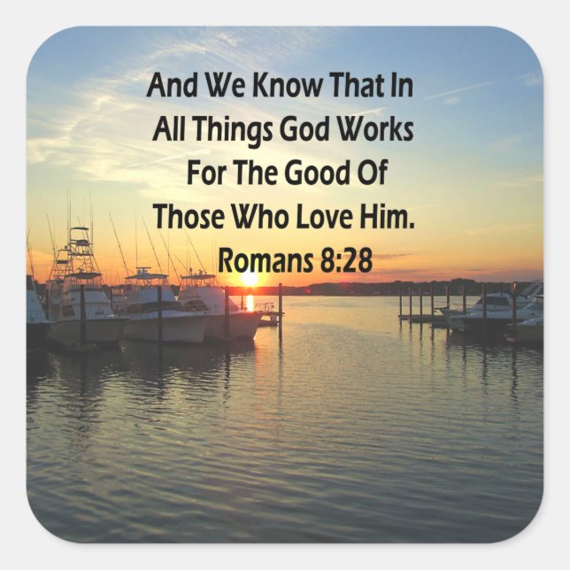 STICKER CARRÉ COUCHER DE SOLEIL SUR LE LAC ROMANS 8:28 SCRIPTURE (Devant)
