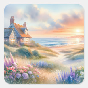 Sticker Carré Coucher de soleil sur une maison de bord de mer en