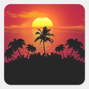 Sticker Carré Coucher de soleil tropical Palmiers Silhouette Pla
