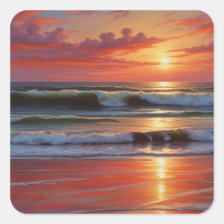 Sticker Carré Coucher Rouge Océan Peinture de paysage marin
