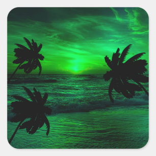 STICKER CARRÉ COUCHERS DE SOLEIL VERTS PAYSAGE OCÉANIQUE