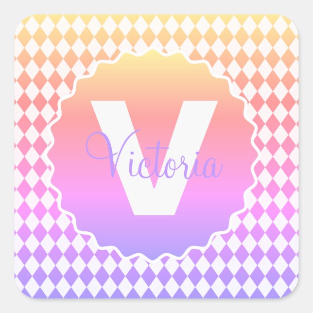 Sticker Carré Couleur arc-en-ciel en damier avec nom de monogram (Devant)