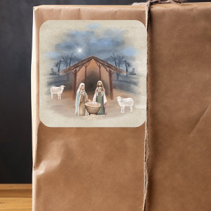 Sticker Carré Couleur d'eau de la scène de la Nativité du Manger