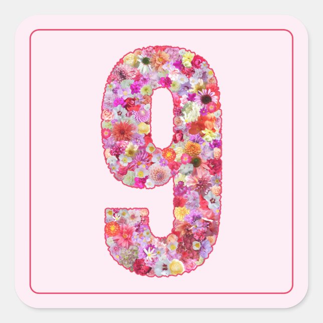 Sticker Carré Couleur Florale Rose Mois Numéro 9 (Devant)