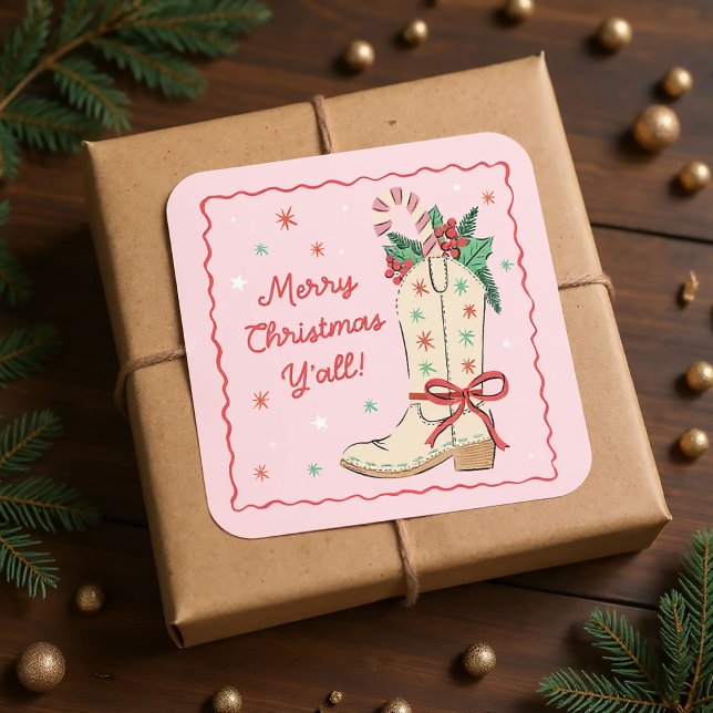 Sticker Carré Country Merry Christmas Y'all Cowboy Boot  ("merry Christmas y'all" gift stickers with hand-drawn cowboy boot)