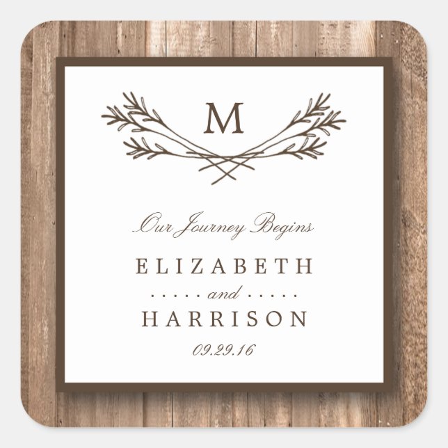 Sticker Carré Country Rustic Monogram Branche & Mariage bois (Devant)