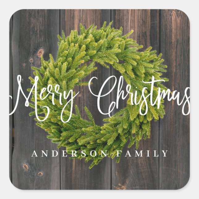 Sticker Carré Country Rustic Wood Merry Christmas Greeting (Devant)
