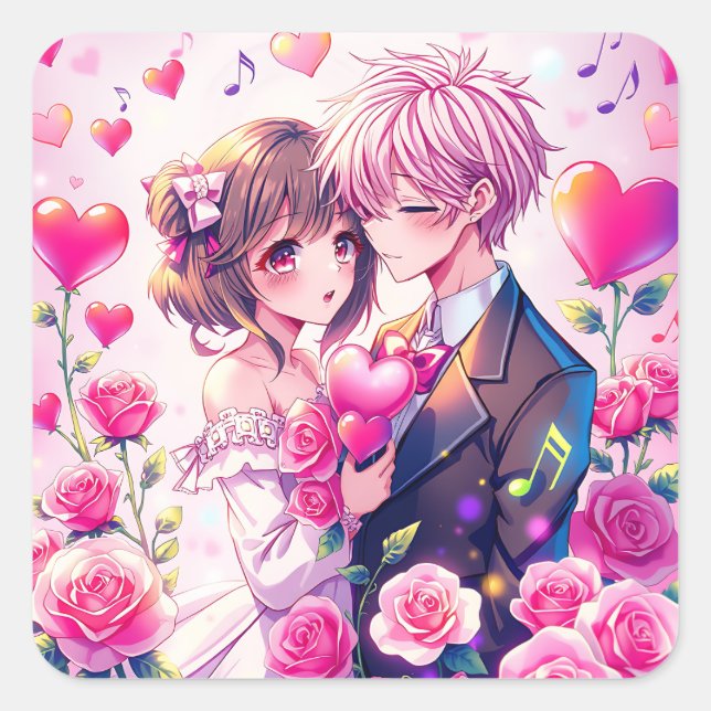 Sticker Carré Couple Anime Mignon | Saint-Valentin (Devant)