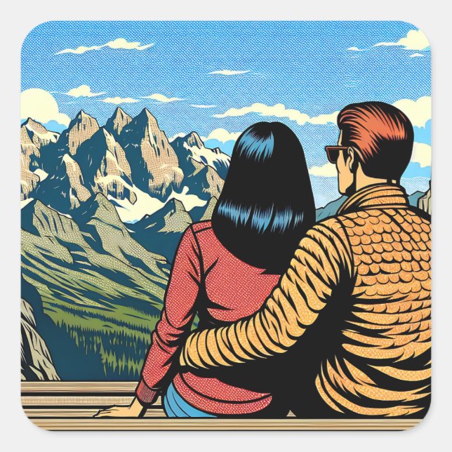 Sticker Carré Couple avec vue Pittoresque (Devant)