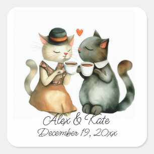 Sticker Carré Couple chat mignon Mariage romantique