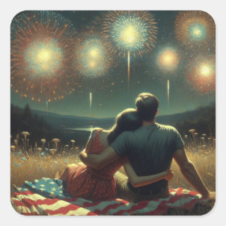 Sticker Carré Couple Cuddling sous le feu d'artifice du 4 juille