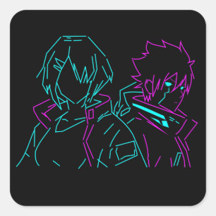 Sticker Carré Couple cyberpunk anime minimaliste rose néon et bl