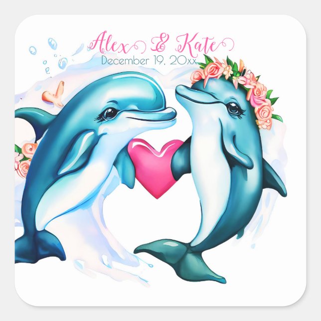 Sticker Carré Couple dauphin mignon | Mariage romantique (Devant)