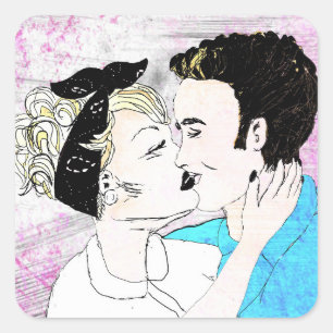 Sticker Carré Couple de baiser rétro