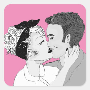 Sticker Carré Couple de baiser rétro noir et blanc