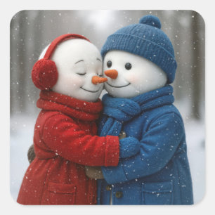 Sticker Carré Couple de bonhomme de neige s'étreignant dans la f