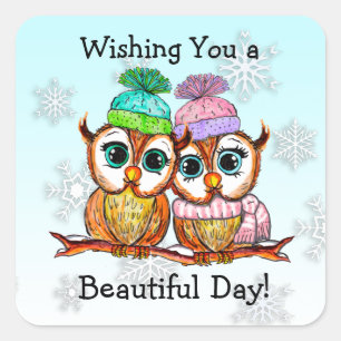 Sticker Carré Couple de Chouette assis à la Branche