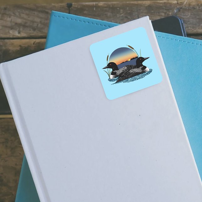 Sticker Carré Couple de huards Sunset Blue Lac Faune (Créateur téléchargé)