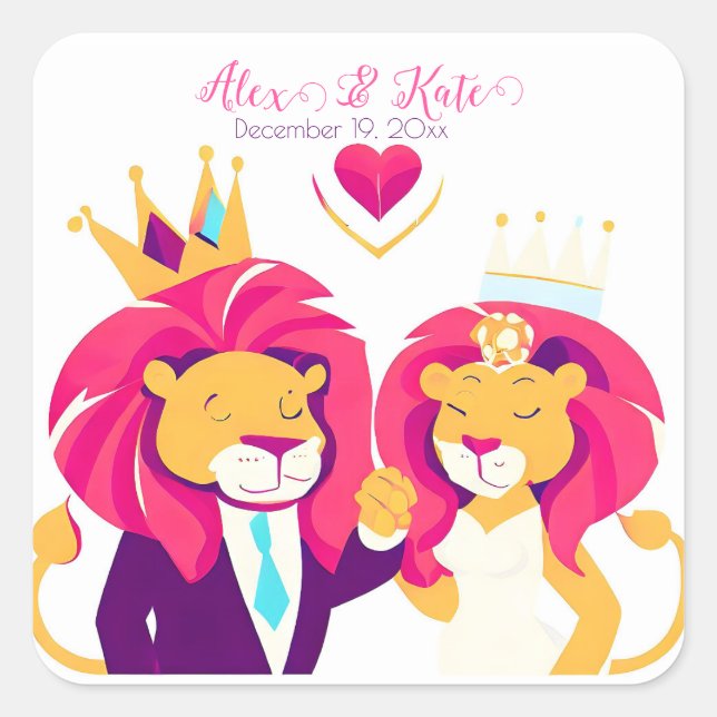Sticker Carré Couple de lion mignon | Mariage romantique (Devant)