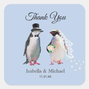 Sticker Carré Couple de manchots élégants Merci Mariage Classiqu