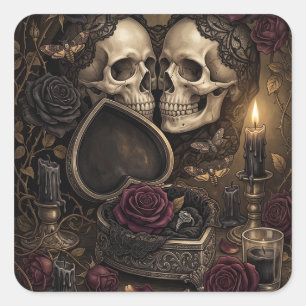 Sticker Carré Couple de squelettes gothiques Rose victorienne de