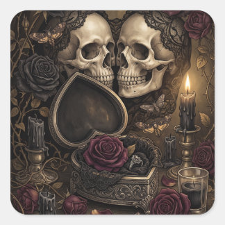 Sticker Carré Couple de squelettes gothiques Rose victorienne de
