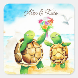 Sticker Carré Couple de tortue mignonne Mariage romantique