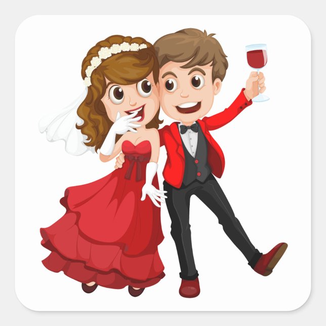 Sticker Carré Couple mariage (The bride, in her red gown, playfully covers her mouth while the groom raises a glass of wine.)