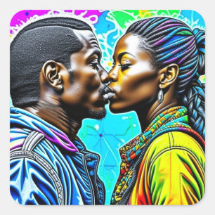 Sticker Carré Couple noir embrasser dans l'amour