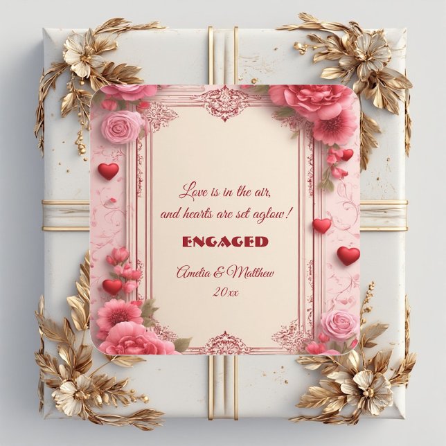 Sticker Carré Couple's Romantic Pink Heart Motifs Floral Engaged (Couple's Romantic Pink Heart Motifs Floral Engaged Square Sticker)