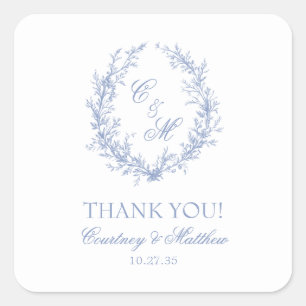 Sticker Carré Couronne botanique de monogramme bleu poussiéreux