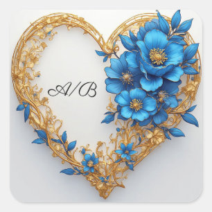 Sticker Carré 💍 Couronne de cœur à fleurs bleues pour couples e