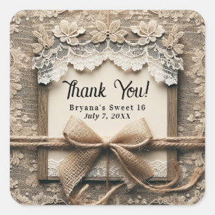 Sticker Carré Couronne de dentelle florale vintage toile de jute