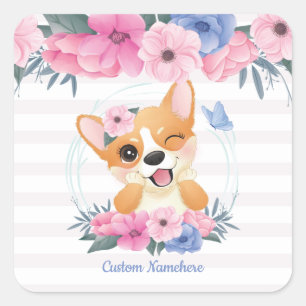 Sticker Carré Couronne de fleurs de chien Corgi mignon Papillon 