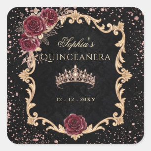 Sticker Carré Couronne de fleurs noires rose rouge or Tiara Phot