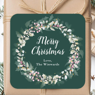 Sticker Carré Couronne de houx rose Joyeux Noël