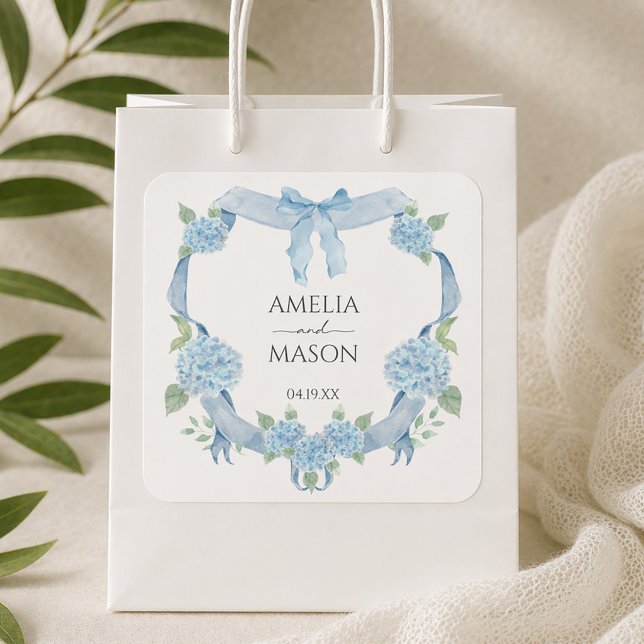 Sticker Carré Couronne de mariage à l'aquarelle avec hydrangea b (Blue Hydrangea Crest Watercolor Wedding Square Sticker)