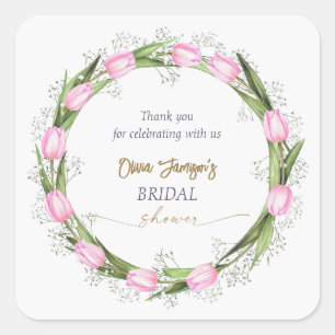 Sticker Carré Couronne de mariage aux tulipes roses pastel et au