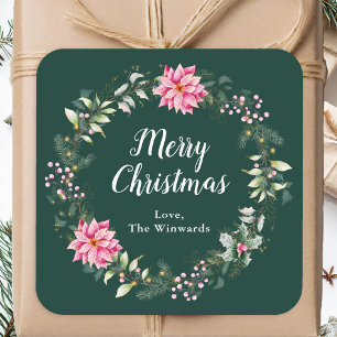 Sticker Carré Couronne de Noël au poinsettia rose Joyeux Noël
