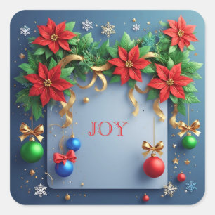 Sticker Carré Couronne de Noël avec Poinsettias