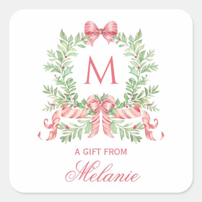 Sticker Carré Couronne de Noël avec ruban | Monogramme (Devant)